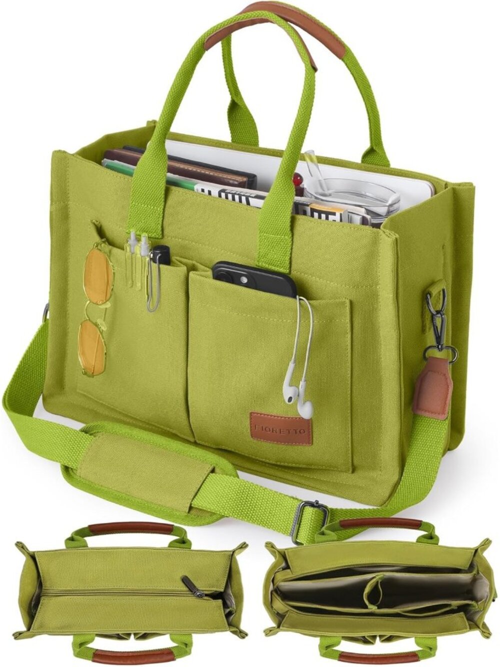 FIORETTO Canvas Women's Grass Green Tote Zipper Closure & Compartment Pocket Bag